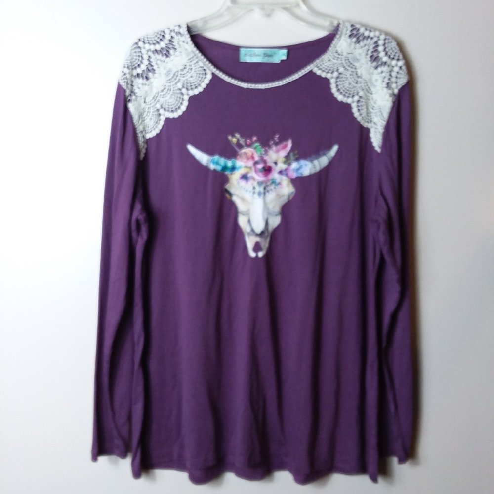 Southern Grace Long Sleeve Floral Bull Skull Graphic Purple Tee
